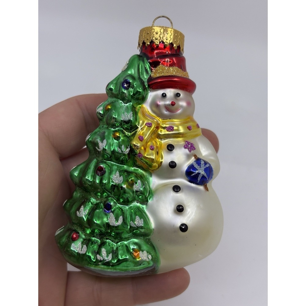 Vintage Blown Glass Snowman next to Christmas Tree Ornament 4"‎